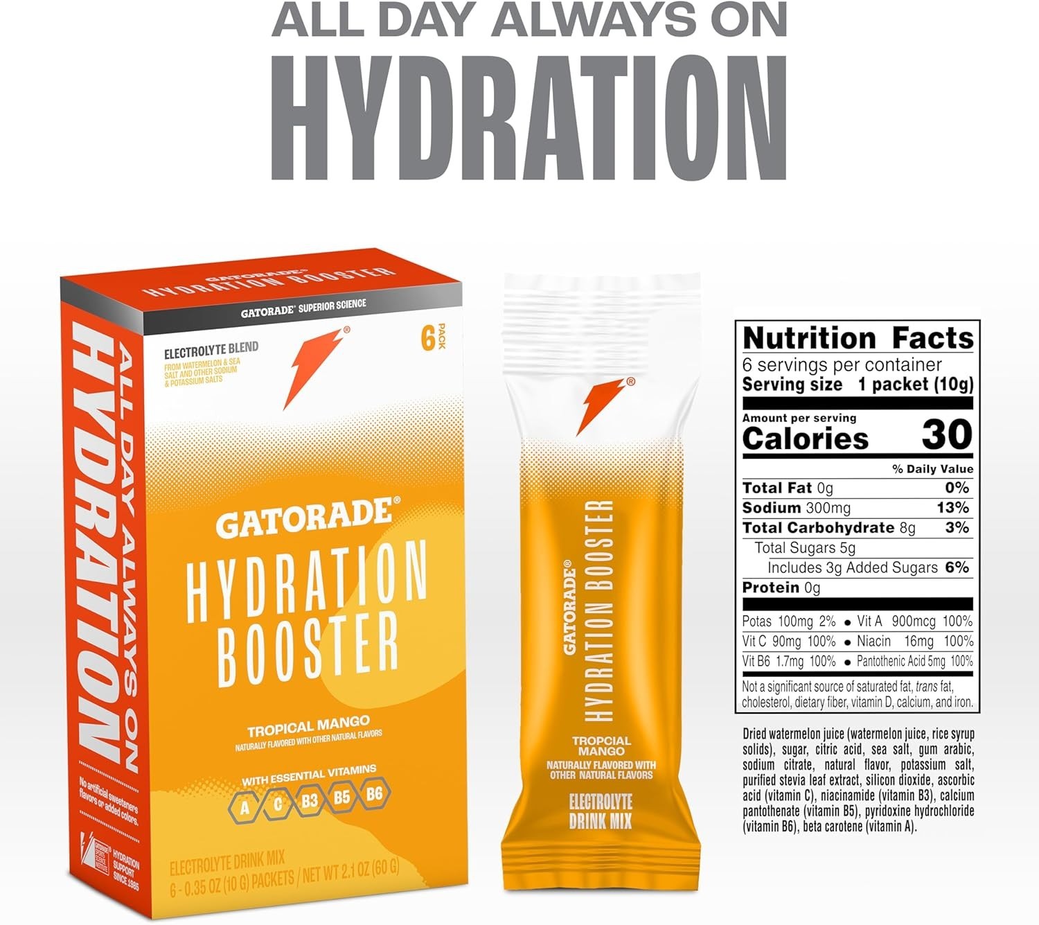 Gatorade Hydration Booster Electrolyte Strawberry Watermelon& Tropical Mango 2BX