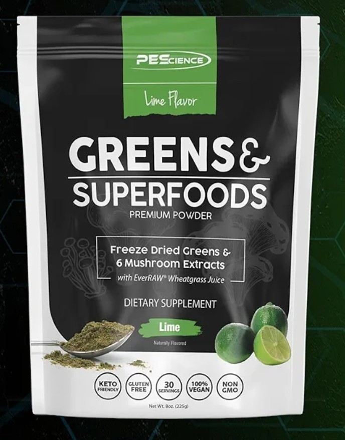 PEScience GREENS & SUPERFOODS 8 oz Size (30 Serv) Natural Lime Flav BEST BY 4/26
