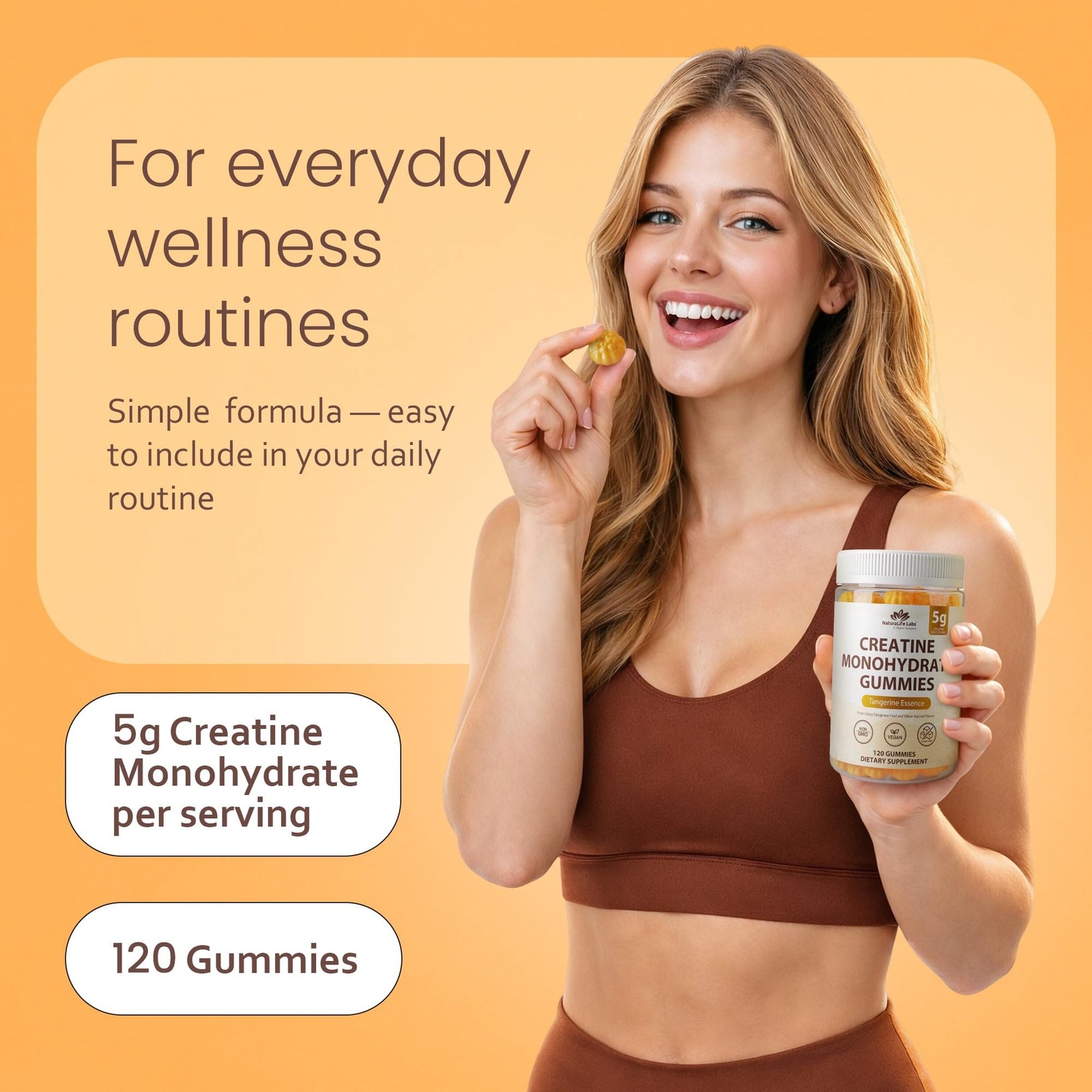 Creatine Monohydrate Gummies – 5g per Serving – Tangerine Flavor – 120 Gummie…