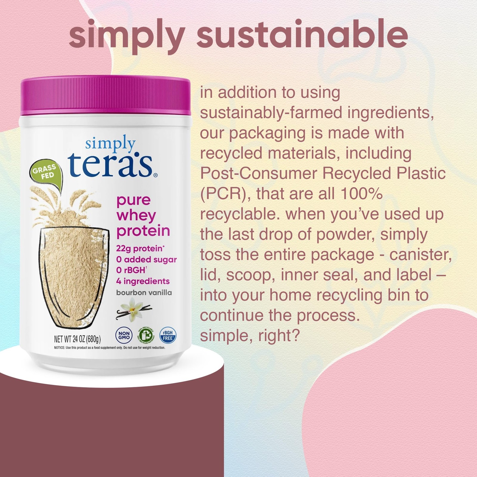 Simply tera’s Pure Whey Protein Powder Bourbon Vanilla Soy-Free 24 Oz