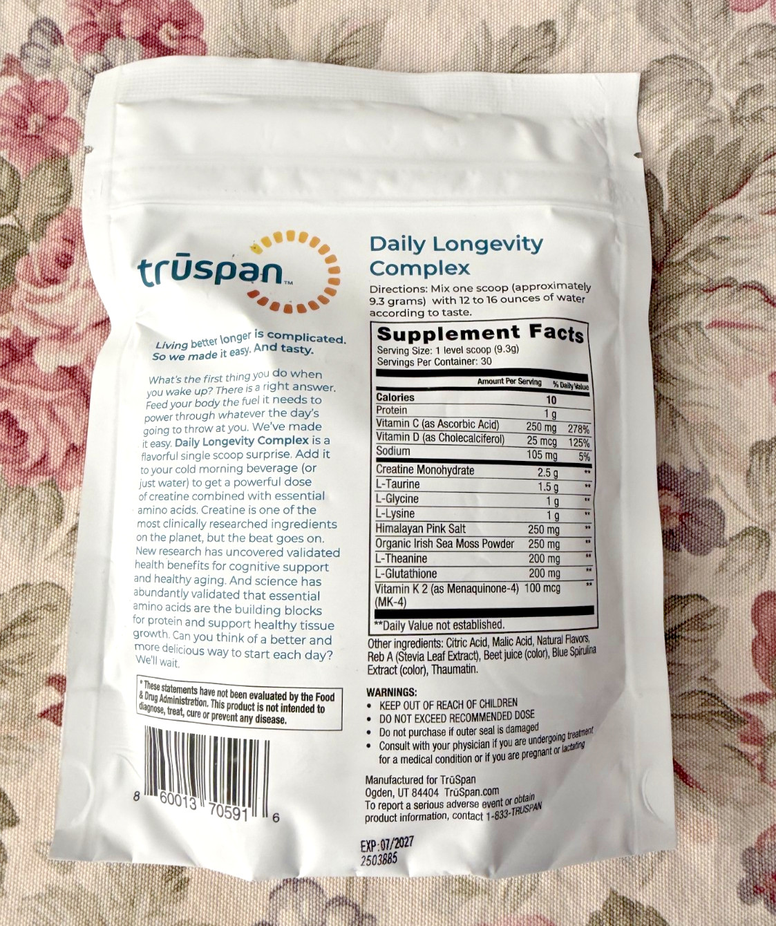 TruSpan Daily Longevity Complex Creatine Powder, with 9.85 Ounce (Pack of 1)