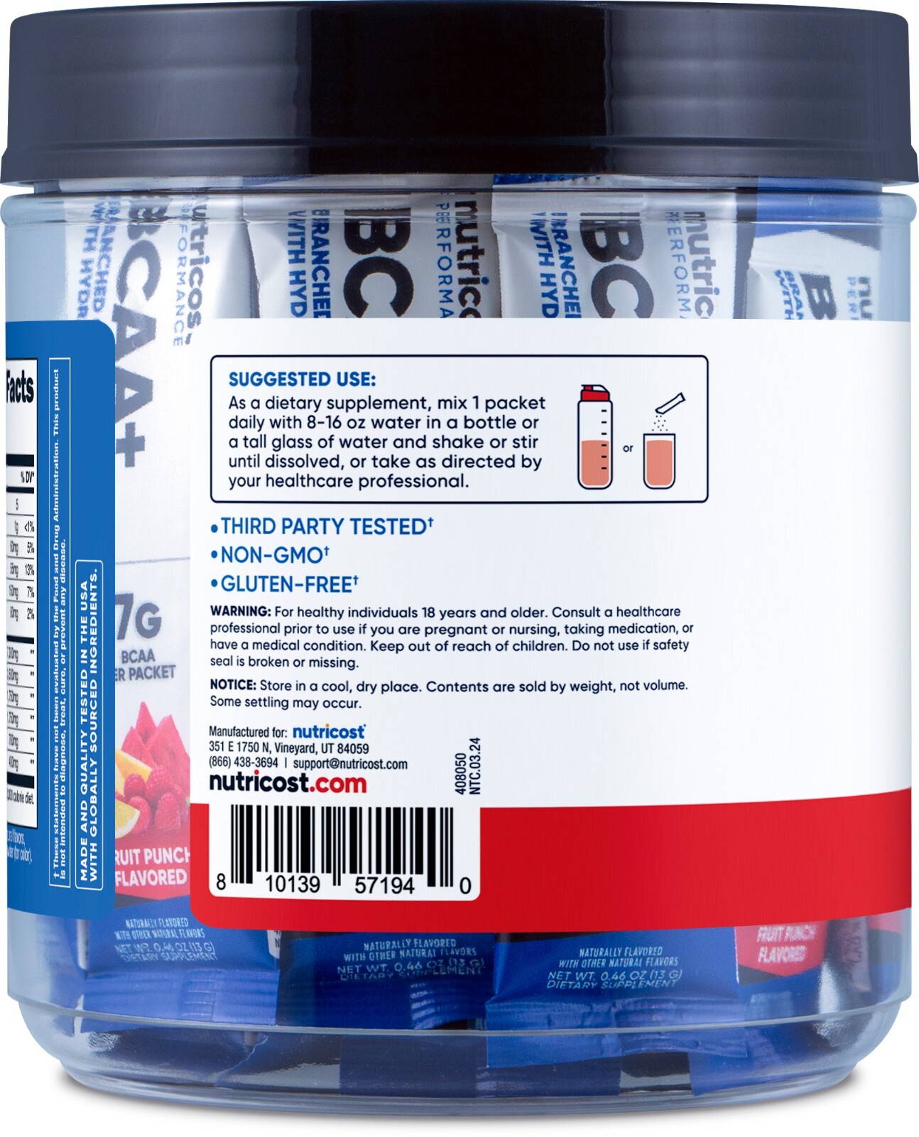 Nutricost BCAA+ Hydration Fruit Punch Flavor (20 Stickpacks) – Gluten-Free
