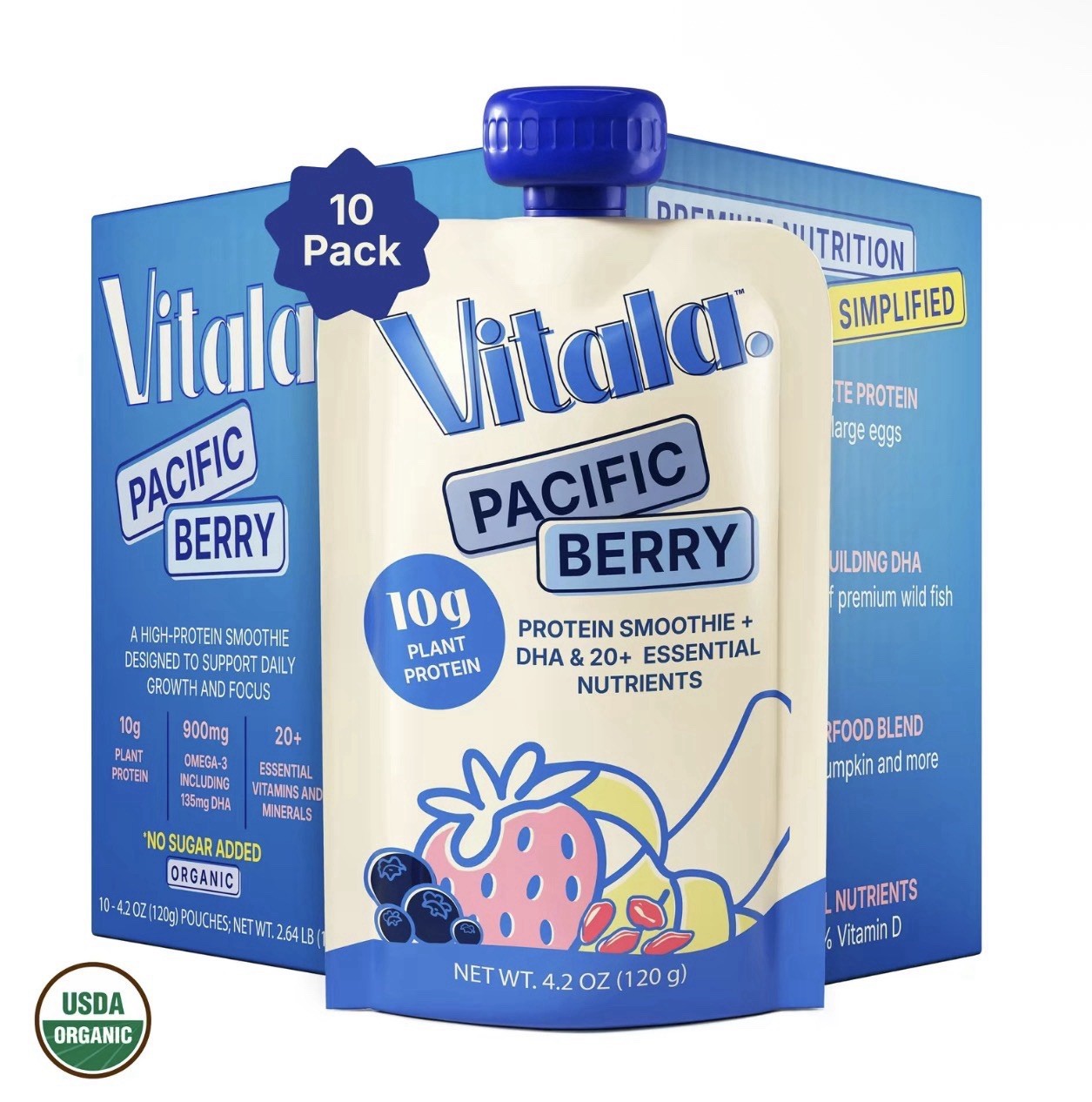 Vitala Organic Protein Smoothie | 10g Protein, 135mg DHA, USDA Organic | 10-Pack