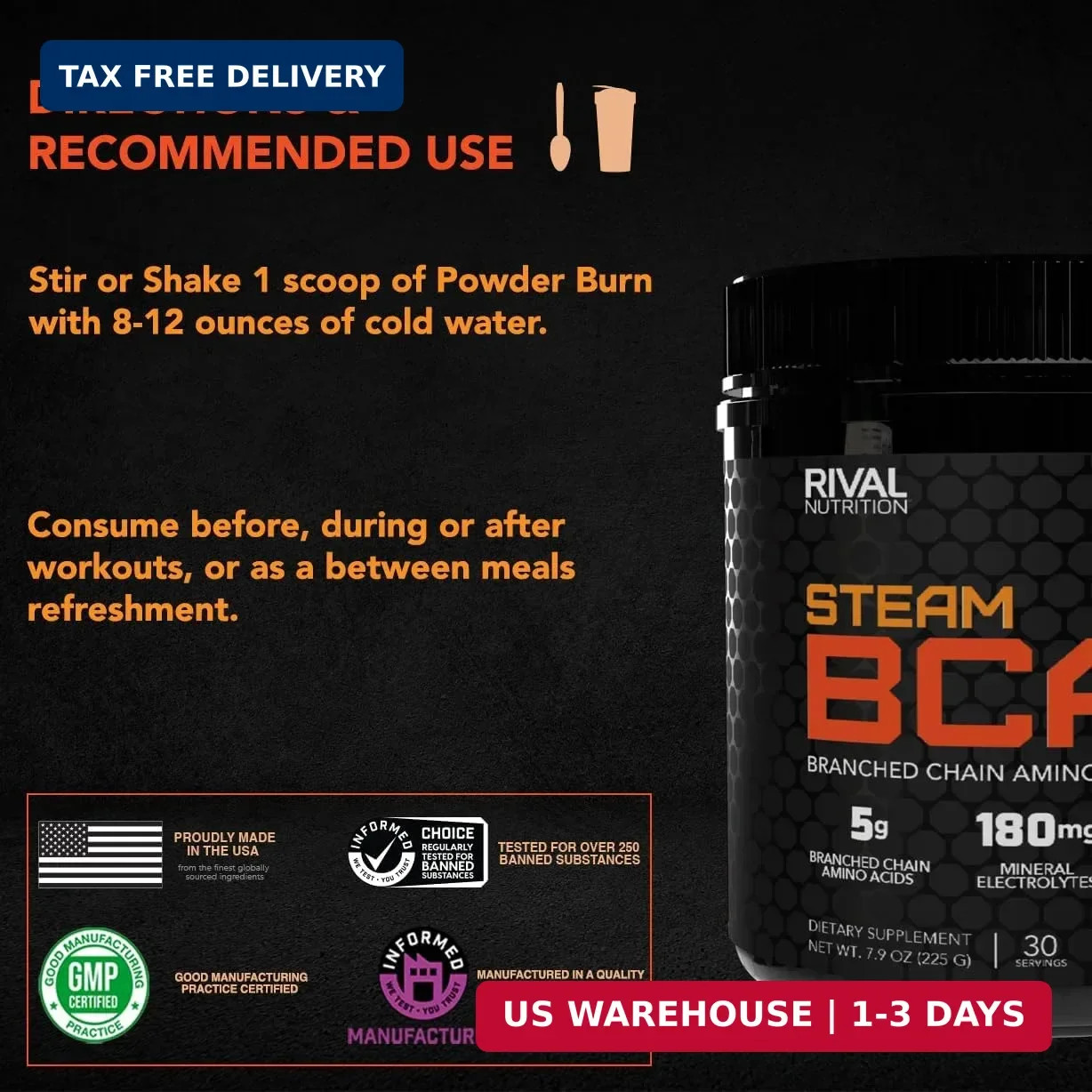 Rival Nutrition Steam BCAA Orange I 30 Servings I 5g Branched Chain Amino Acids
