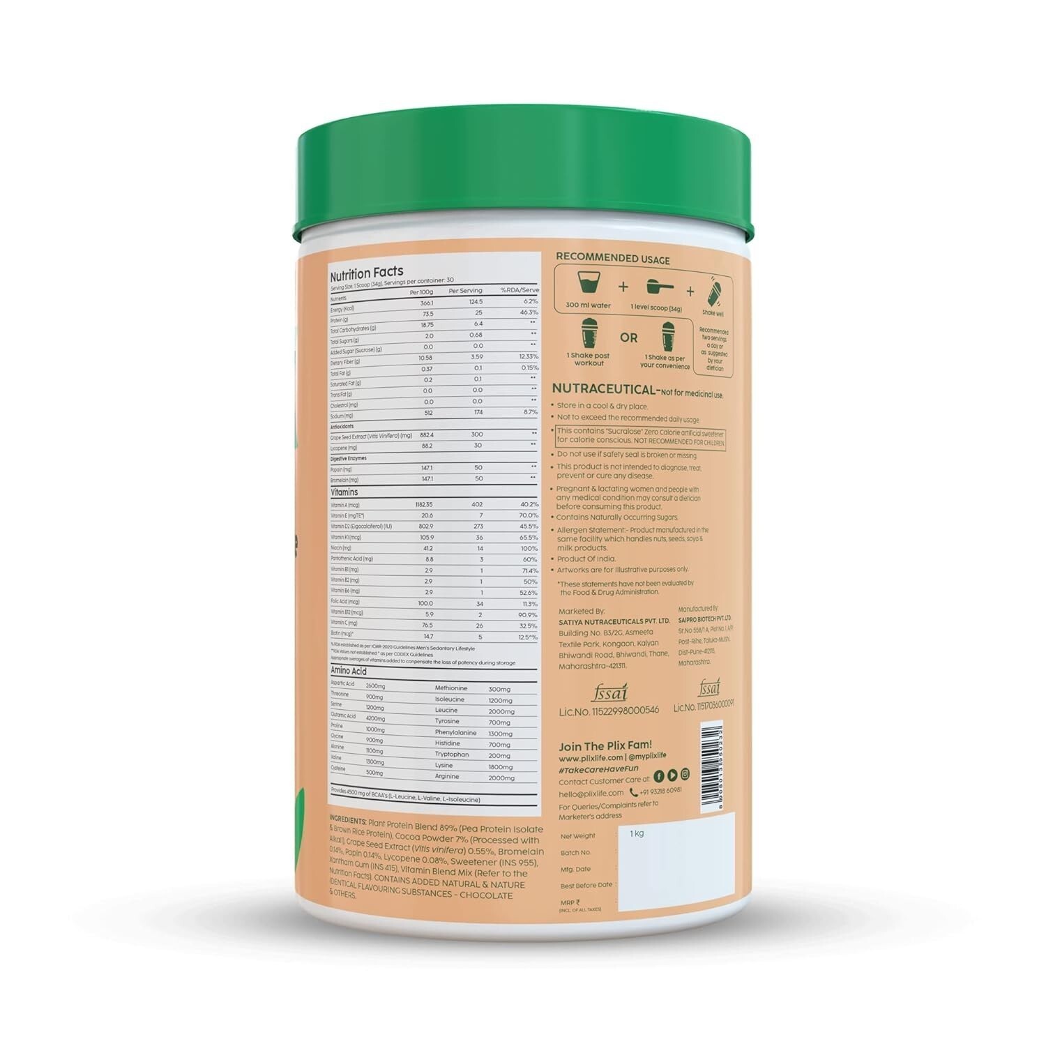 PLIX – THE PLANT FIX Strength Vegan Plant Protein Powder Chocolateb – 1 KG
