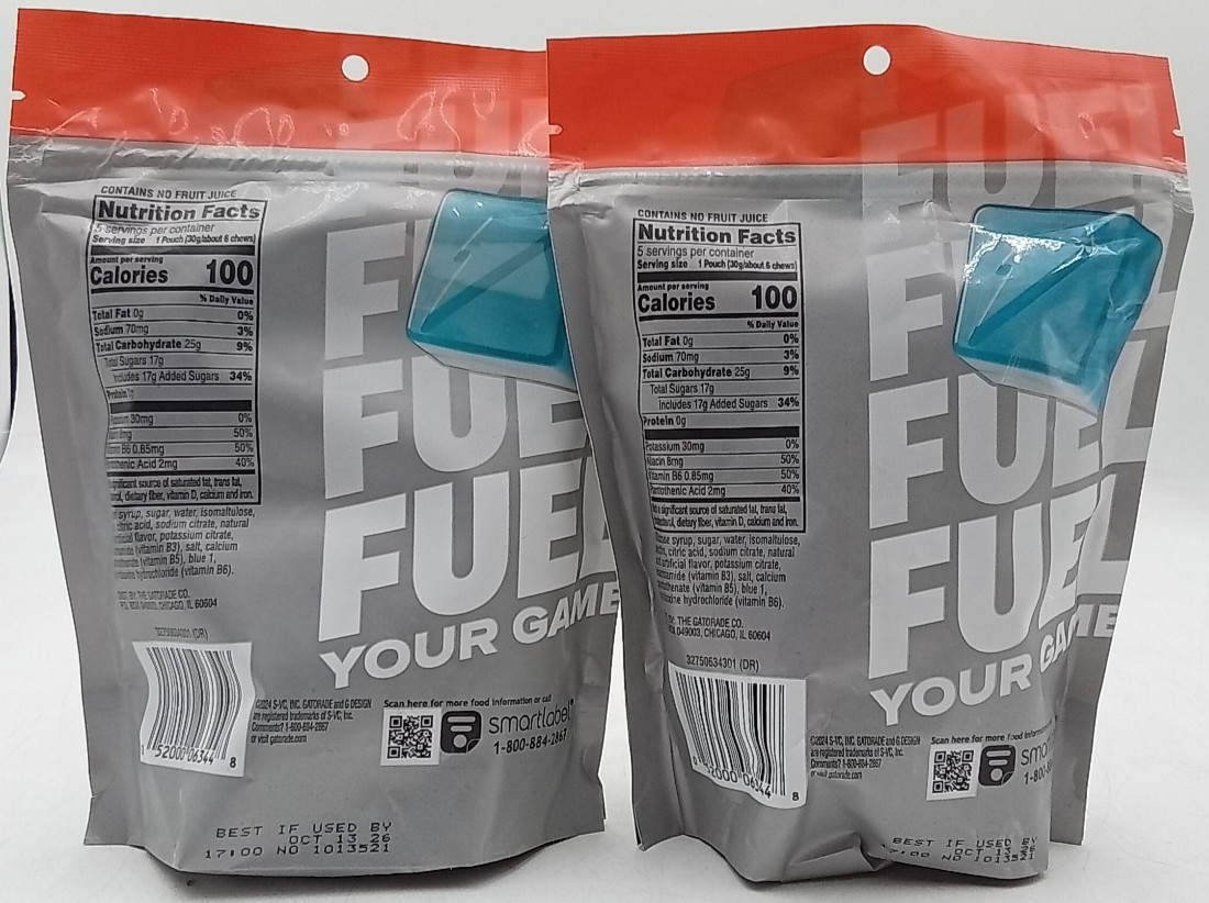 Gatorade Energy Chews Cool Blue Flavor 5 Pouches 2 Pks Exp10/26