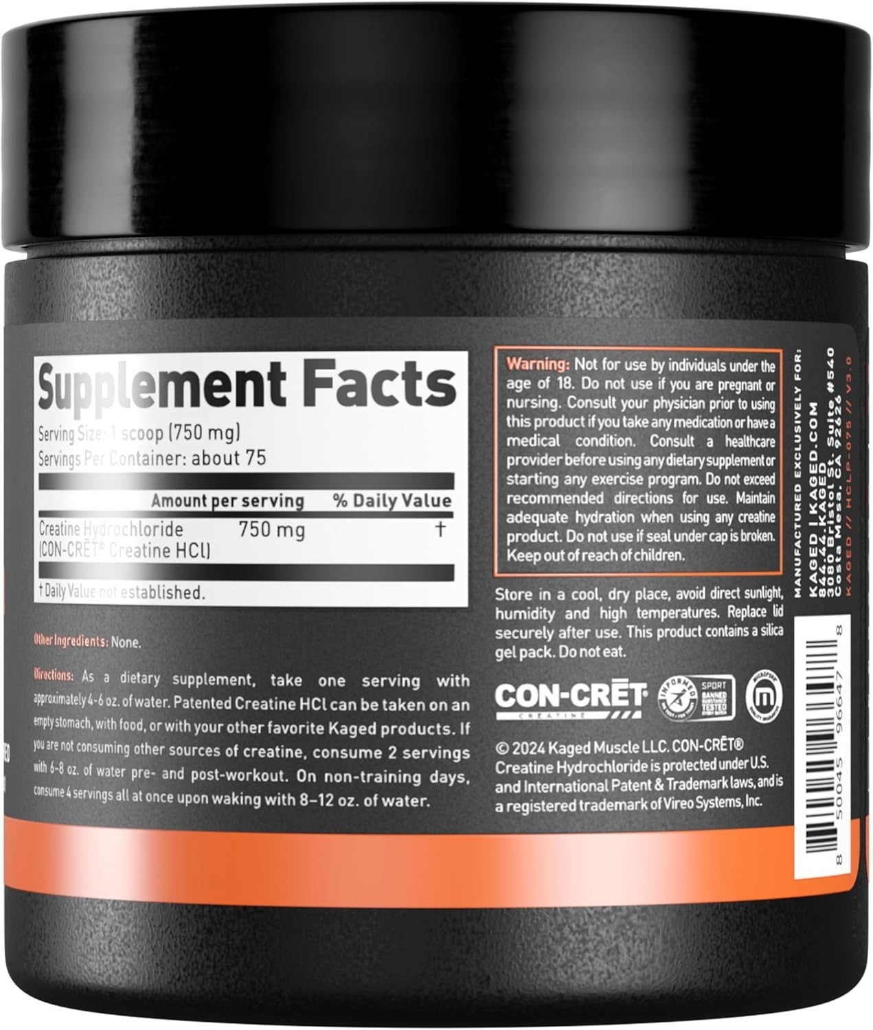 Highly Soluble Creatine HCl Powder – 750mg, 75 Servings for Optimal Performance