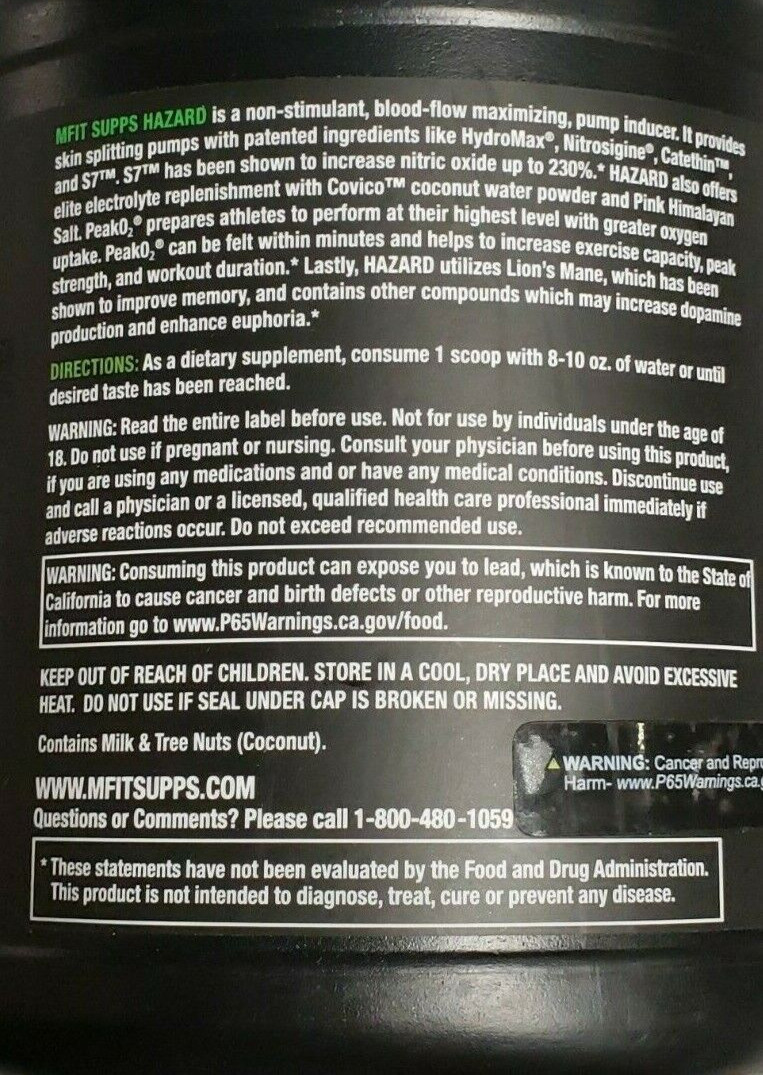 MFIT SUPPS – HAZARD Non-Stimulant Pump Formula – Raspberry Lemonade – Exp 2/2026