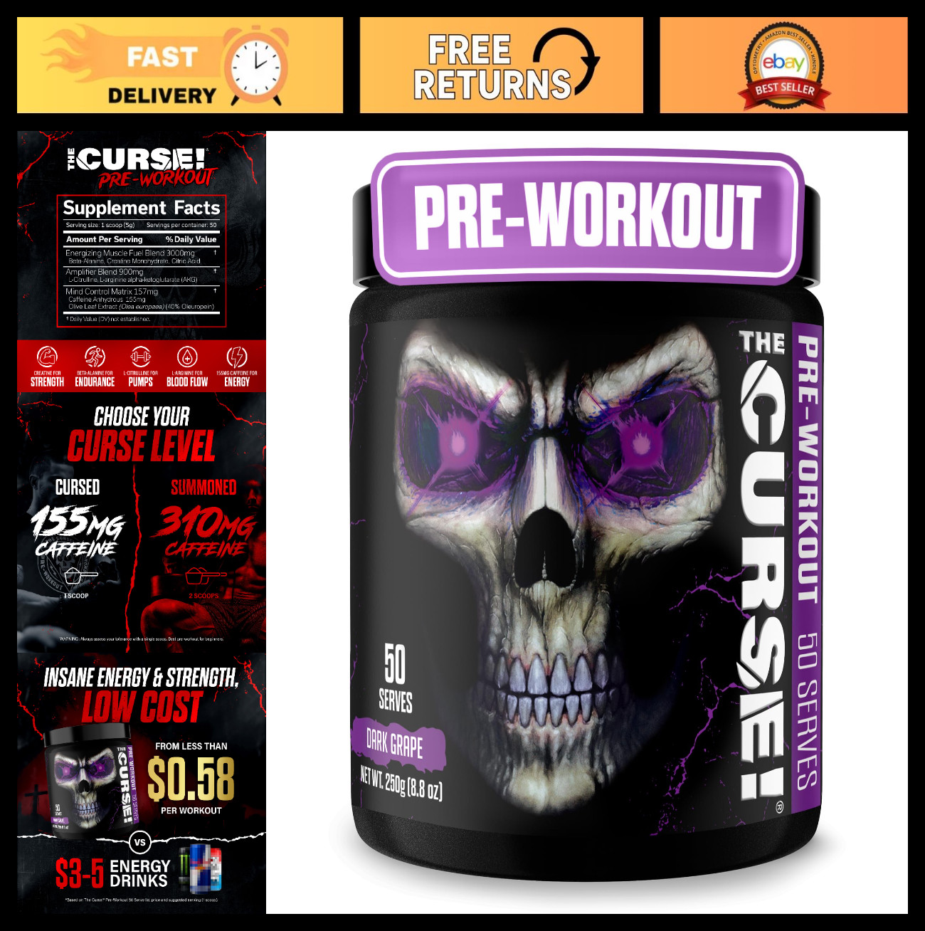 Pre Workout Powder with Creatine & Caffeine, Dark Grape Flavor, 50 Servings – Bo