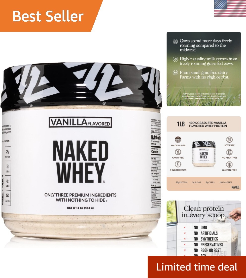Naked Vanilla Whey Protein 1Lb – 3 Ingredients, All-Natural Grass-Fed Formula