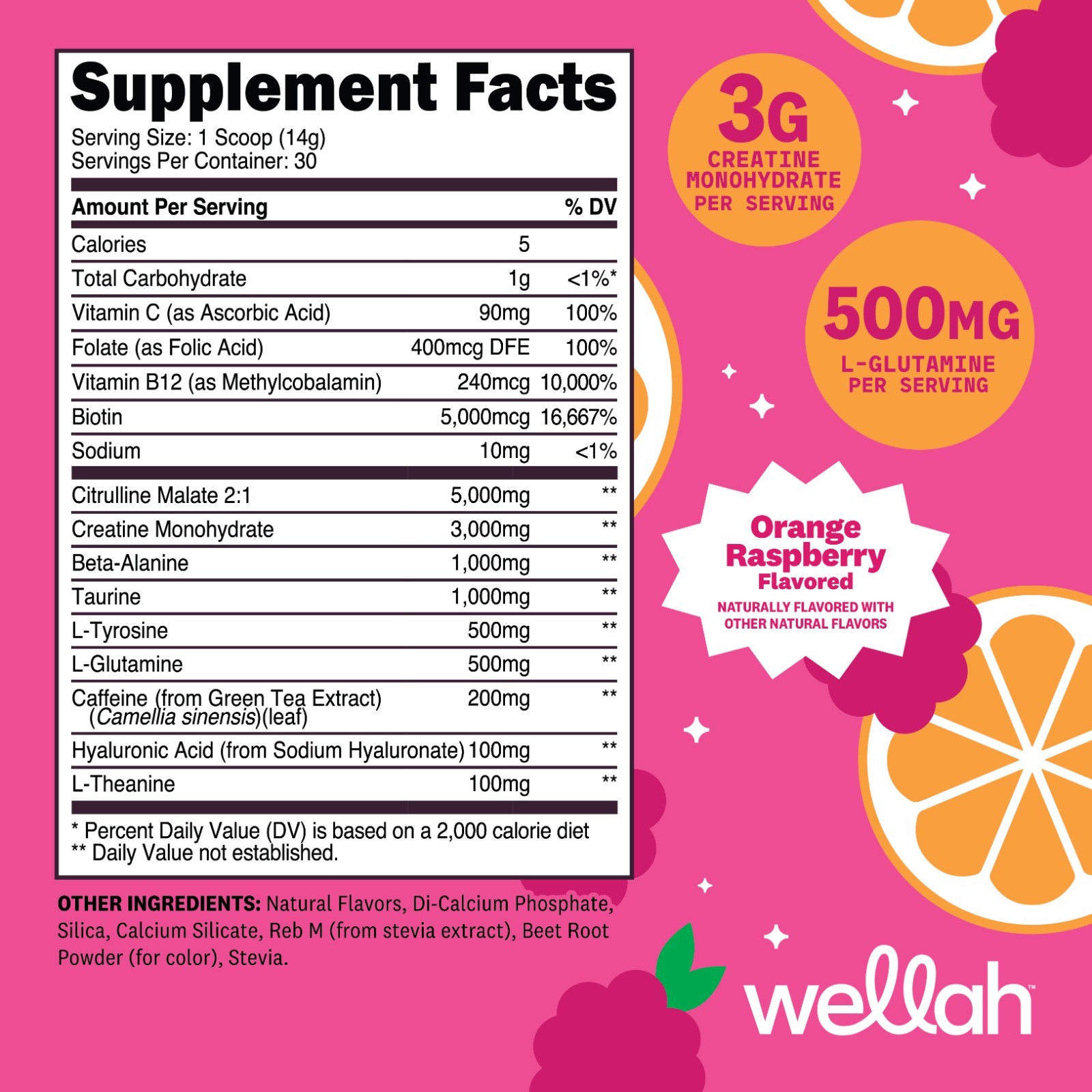 Wellah Pre-Workout + Creatine Powder (30 Servings) Orange Raspberry -3g Creatine