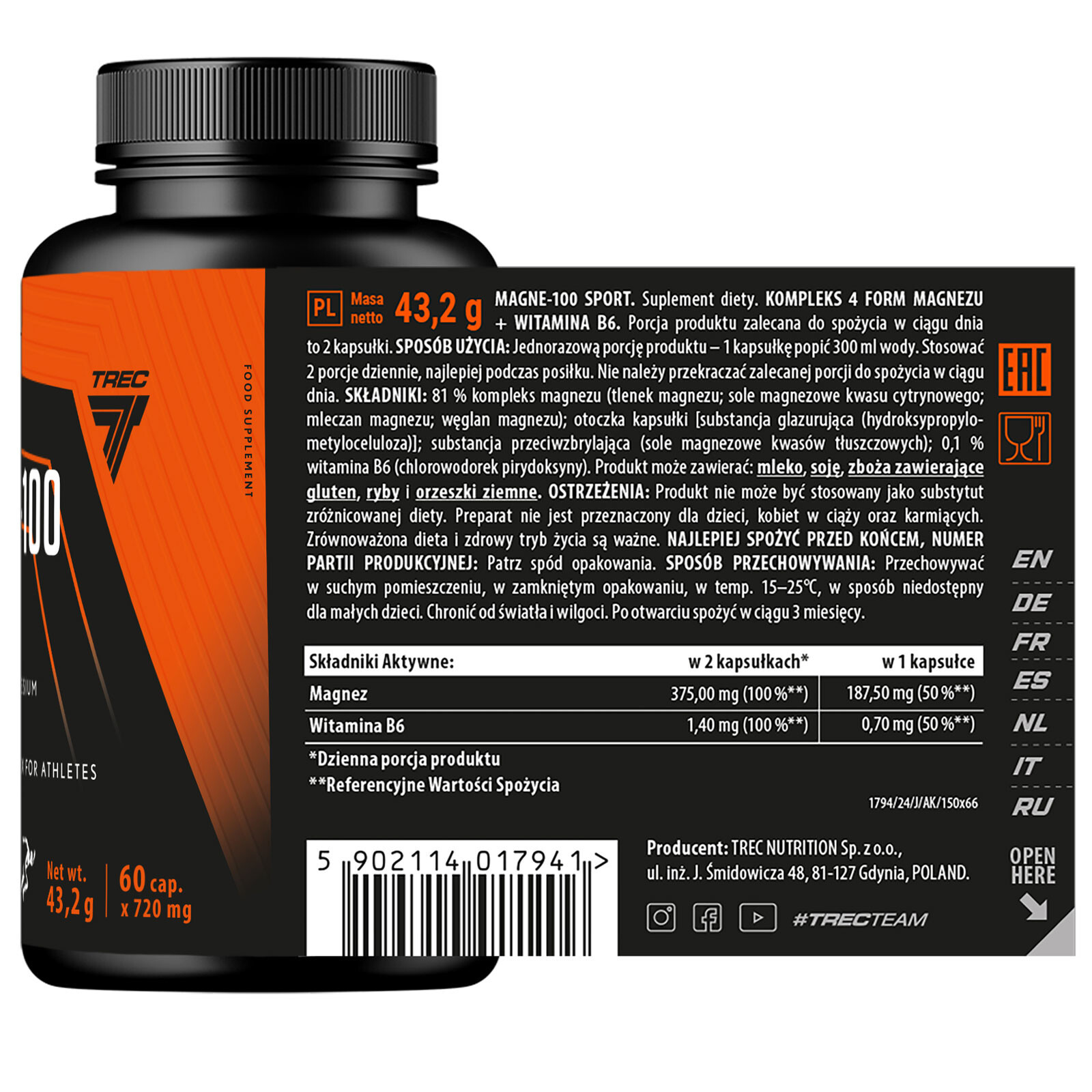 MAGNE-100 SPORT 60–360 Caps – Magnesium + B6 for Cramps, Energy & Recovery