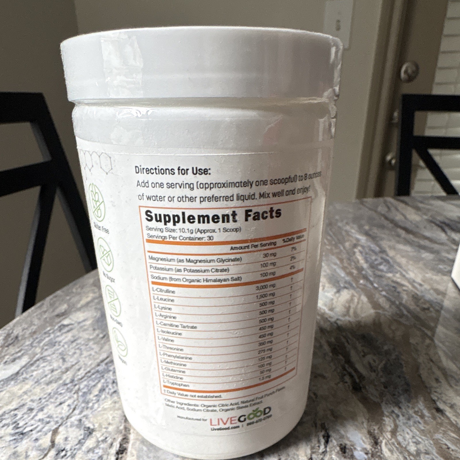 LiveGood Essential Aminos Powder Fruit Punch Endurance/Recovery 30 Serv 10.68oz