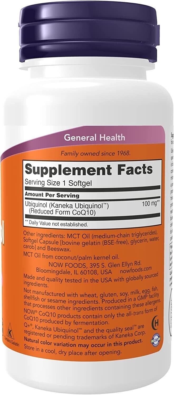 NOW Foods Ubiquinol 100mg 2X60/1X120 Softgels Active Form of Coq10 Bioavailable