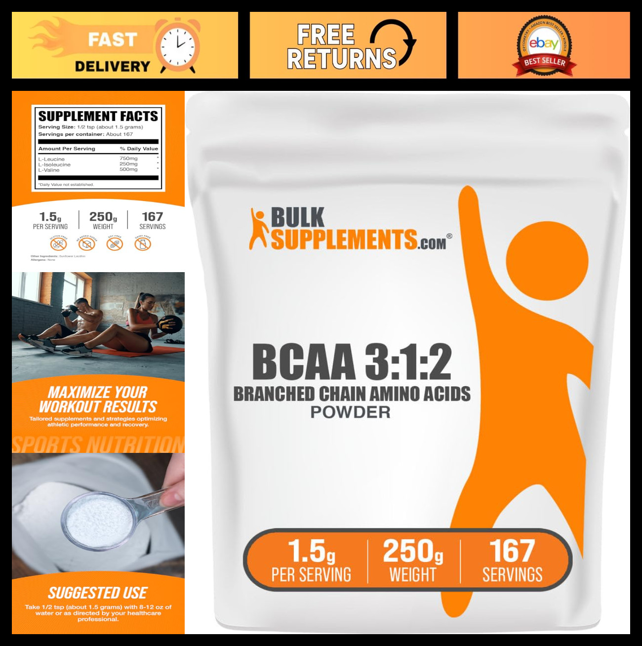 BCAA Powder 3:1:2 – Unflavored Branched Chain Amino Acids, Gluten Free, 250g