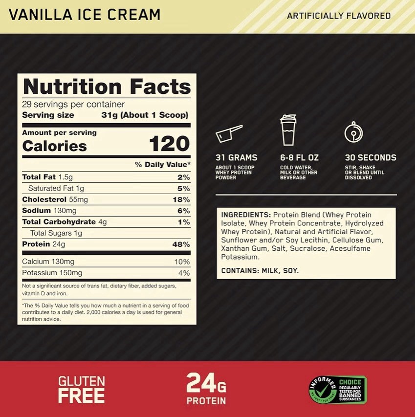 Optimum Nutrition 100% Gold Standard Whey vanilla ice cream flavor EXP: 01/28