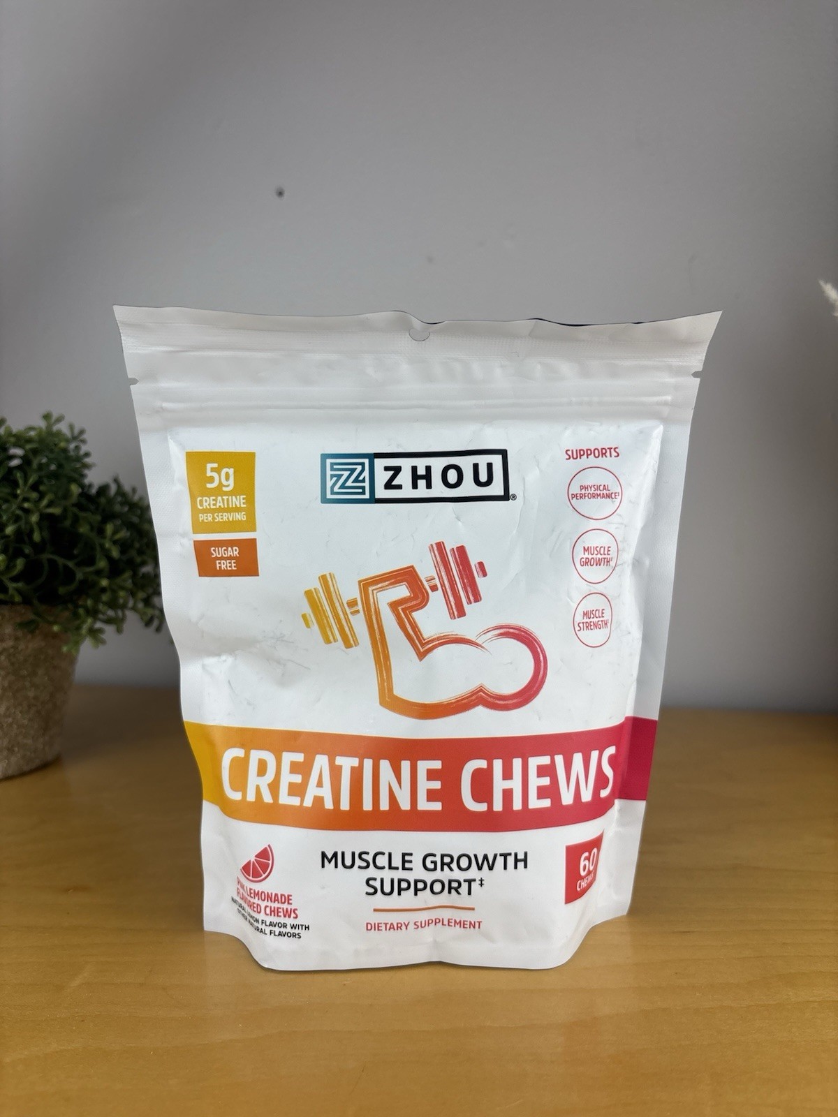 Zhou Nutrition Creatine Chews Muscle Growth Sugar-Free Pink Lemonade 60 Chews
