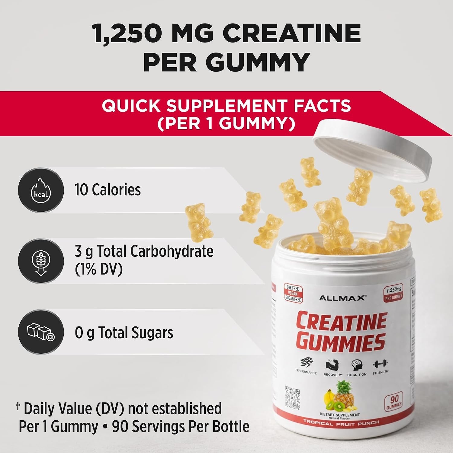 Creatine Gummies, Tropical Fruit Punch, 90 Count, 1250 mg