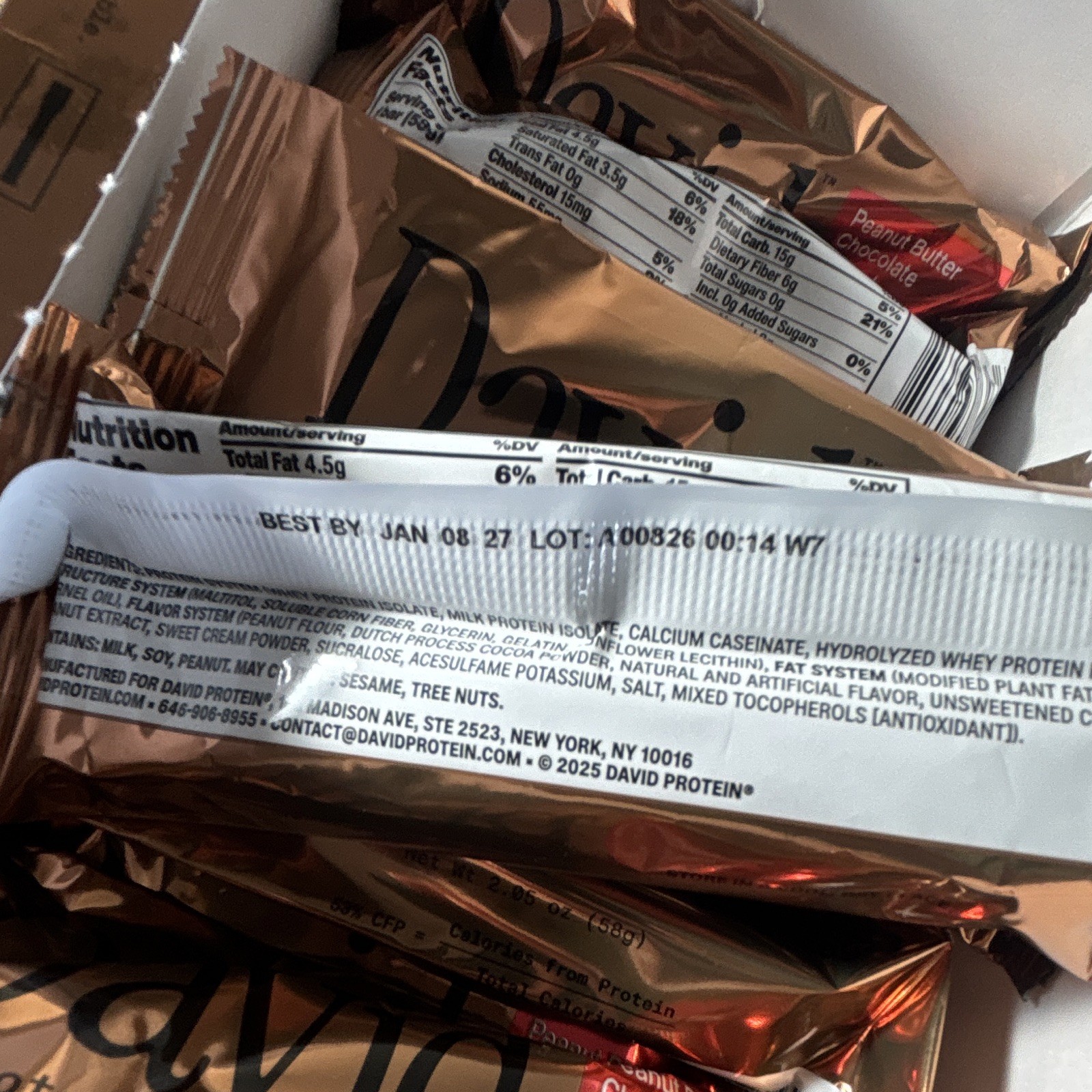 David Protein Bars Variety Pack Blueberry Pie & PB Choc Crunch 12 Ct GF SF