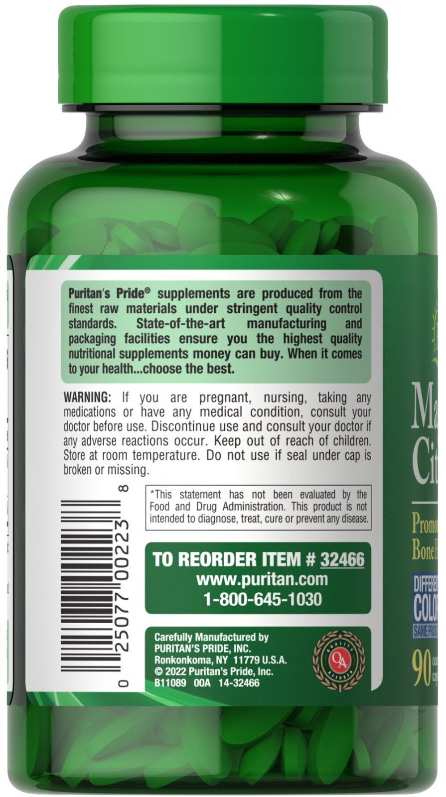 Puritan’s Pride Magnesium Citrate 400mg serving – 90 coated caplets | Exp 08/27