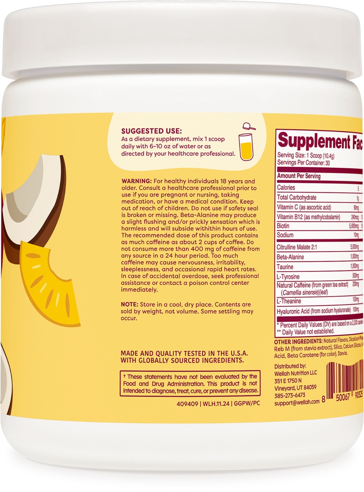 Wellah Get-Going Pre-Workout Drink Mix (Pina Colada Flavored, 30 Servings)