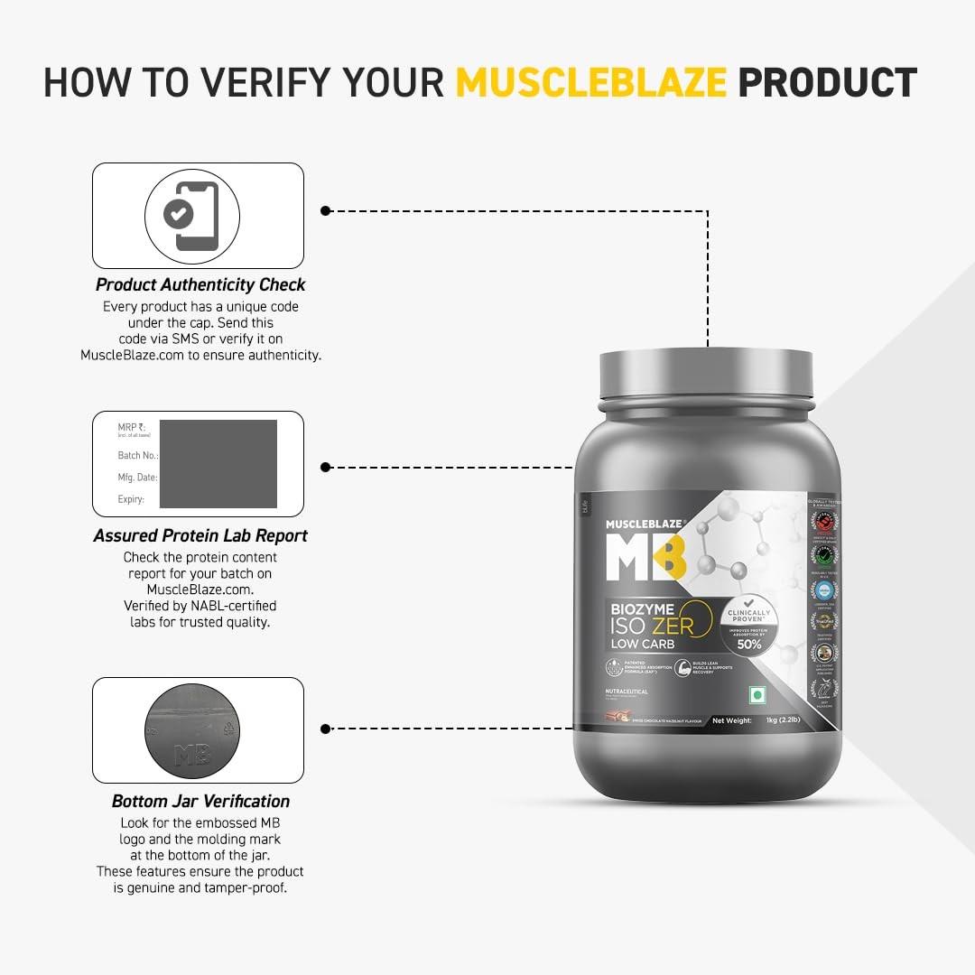 MuscleBlaze Biozyme Iso-Zero 1Kg Swiss Choc Hazelnut | 26.4g Protein