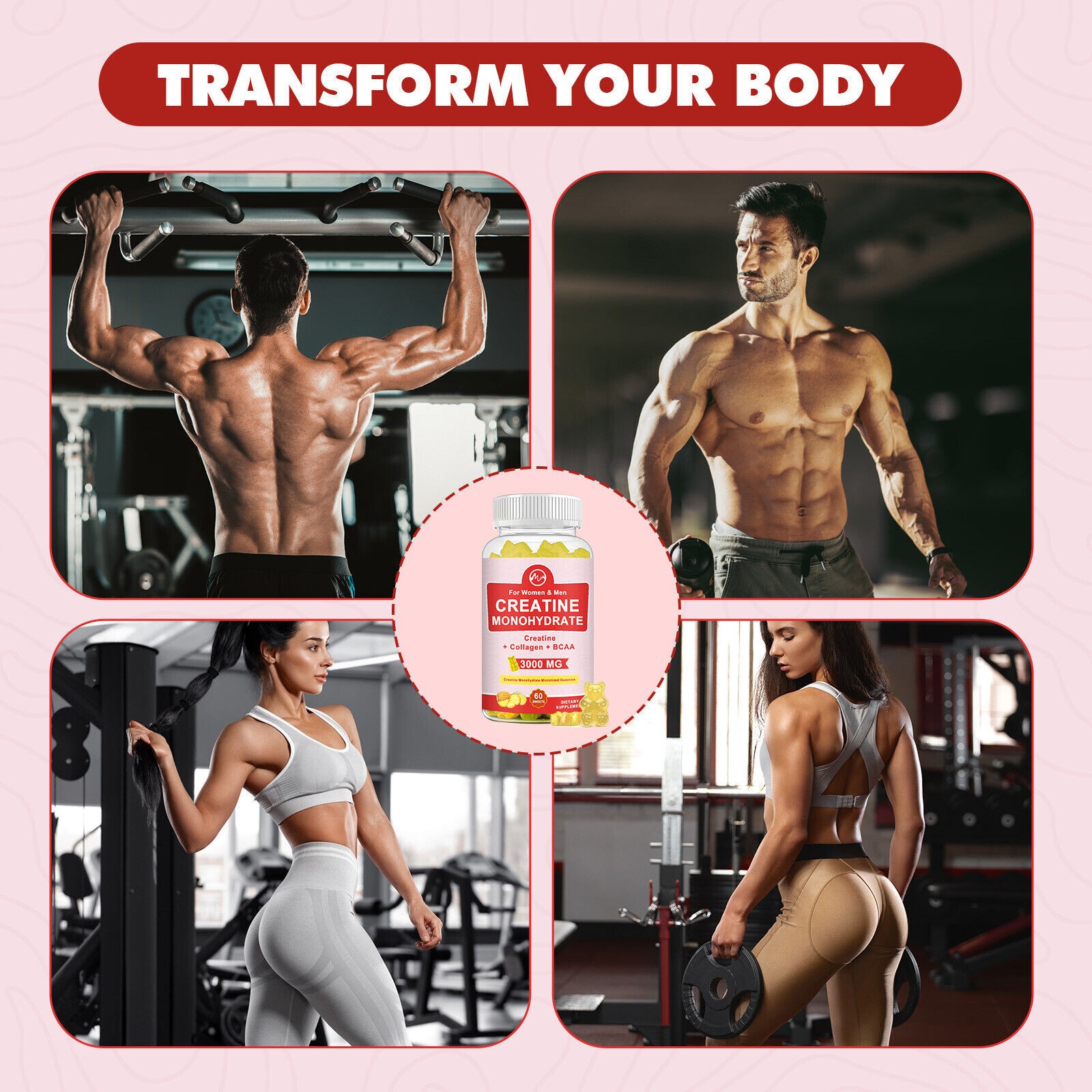 Creatine Monohydrate 60Gummies 3000mg Strength Energy Muscle Health Women Men