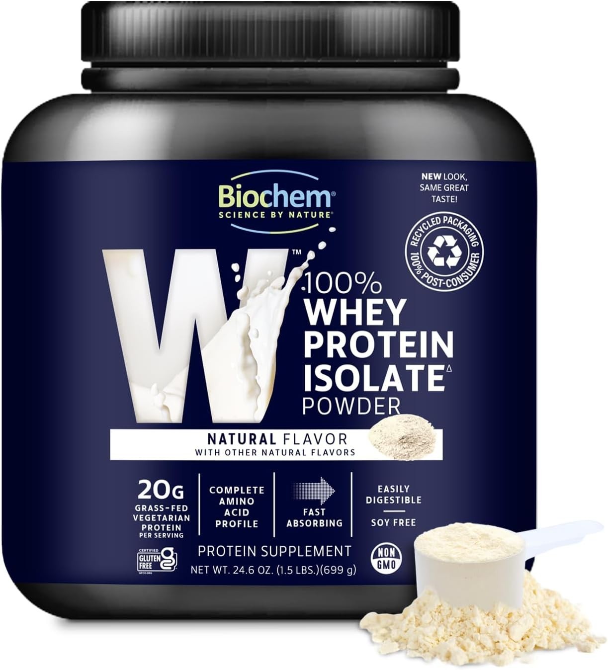Biochem 100% Whey Protein Isolate Grass Fed Natural 699g/1.5 lb Each (Pack of 2)