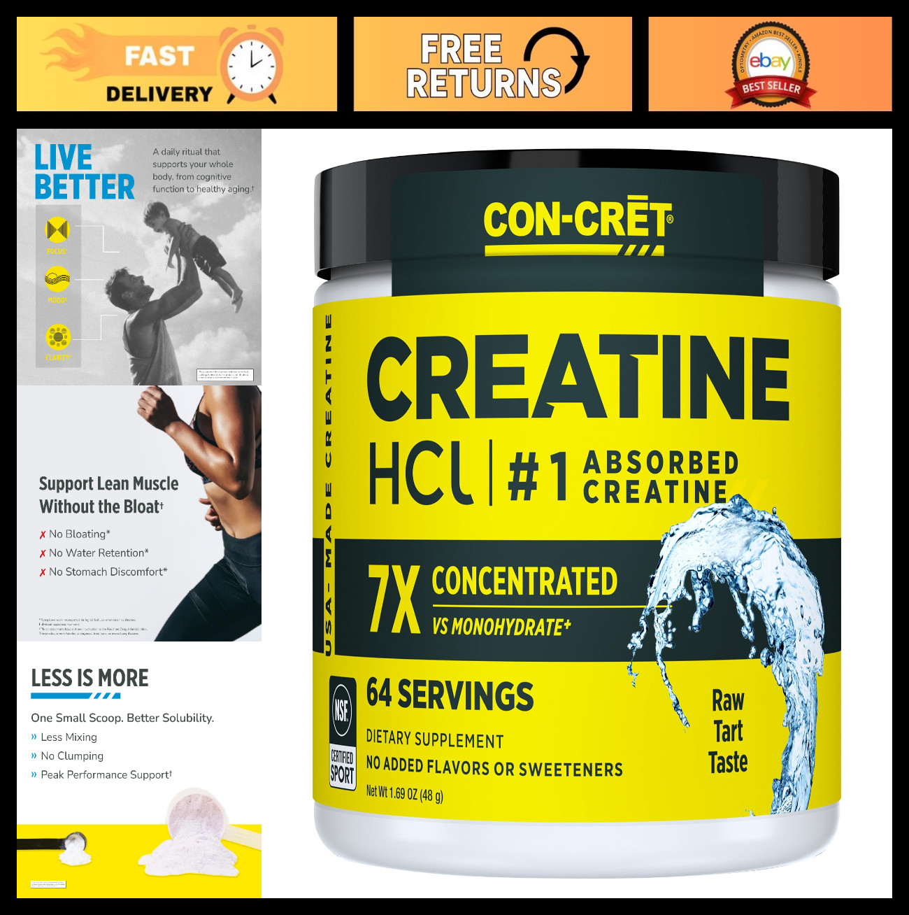 Creatine HCl Powder for Muscle & Strength Support, Unflavored, 64 Servings, No B