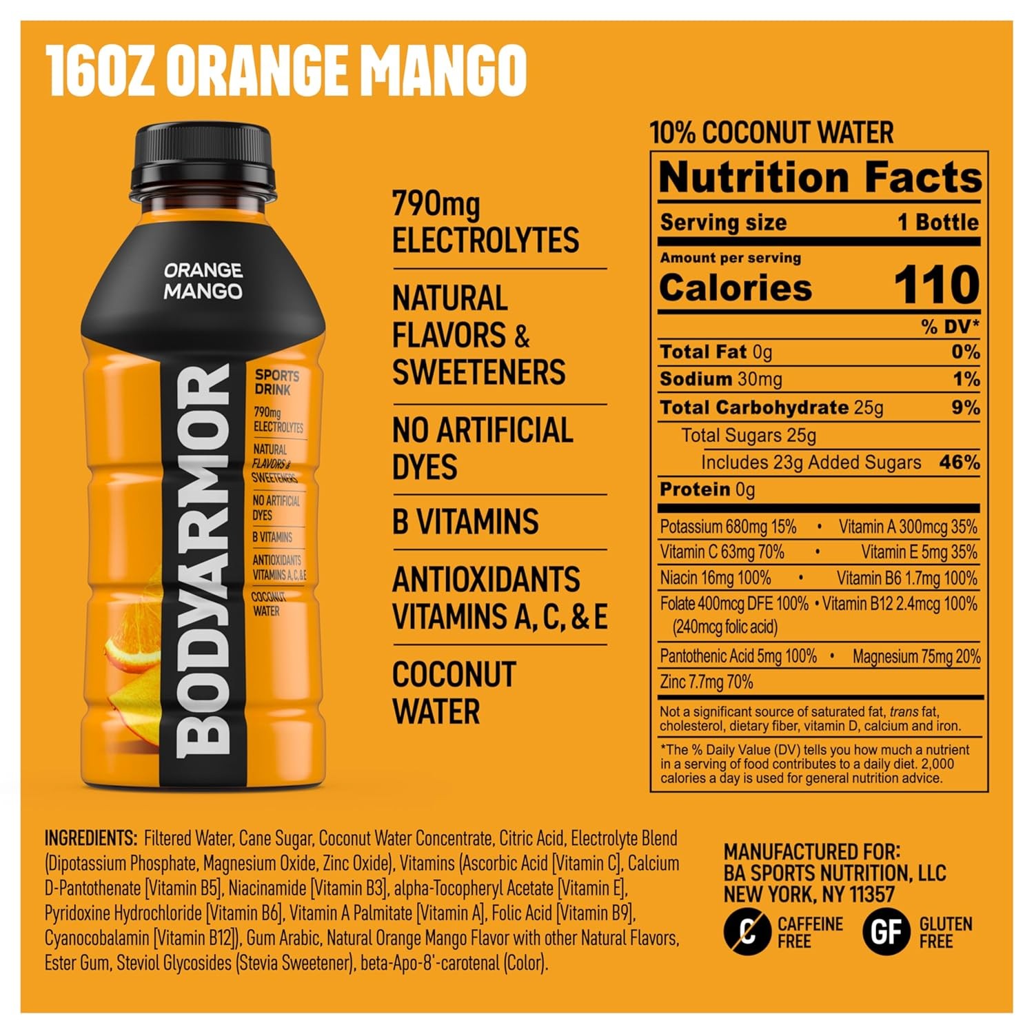 BODYARMOR Sports Drink, Orange Mango, Electrolyte Drink Hydration, 16 Fl Oz