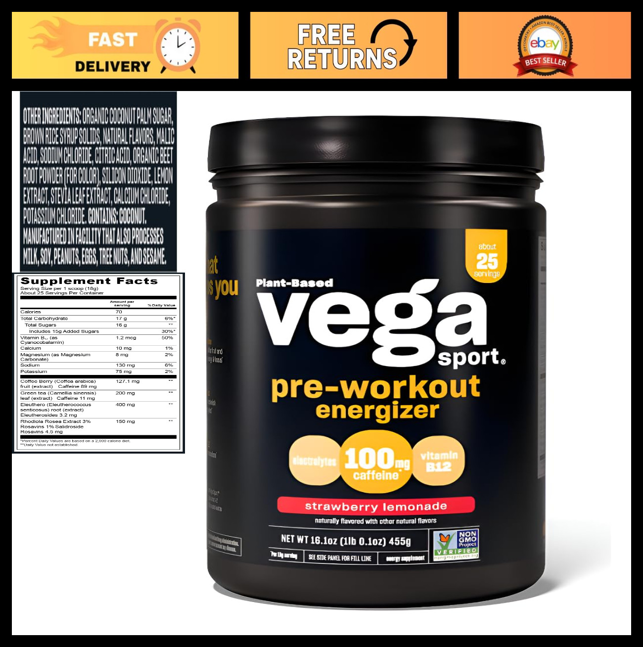 Pre-Workout Energizer Powder – Strawberry Lemonade, Energy & Focus Boost, Vegan,
