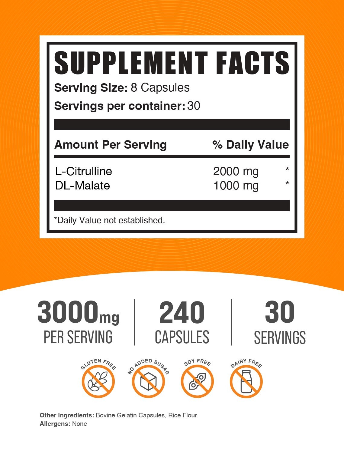 BulkSupplements L-Citrulline DL-Malate 240 Capsules – 3000mg Per Serving