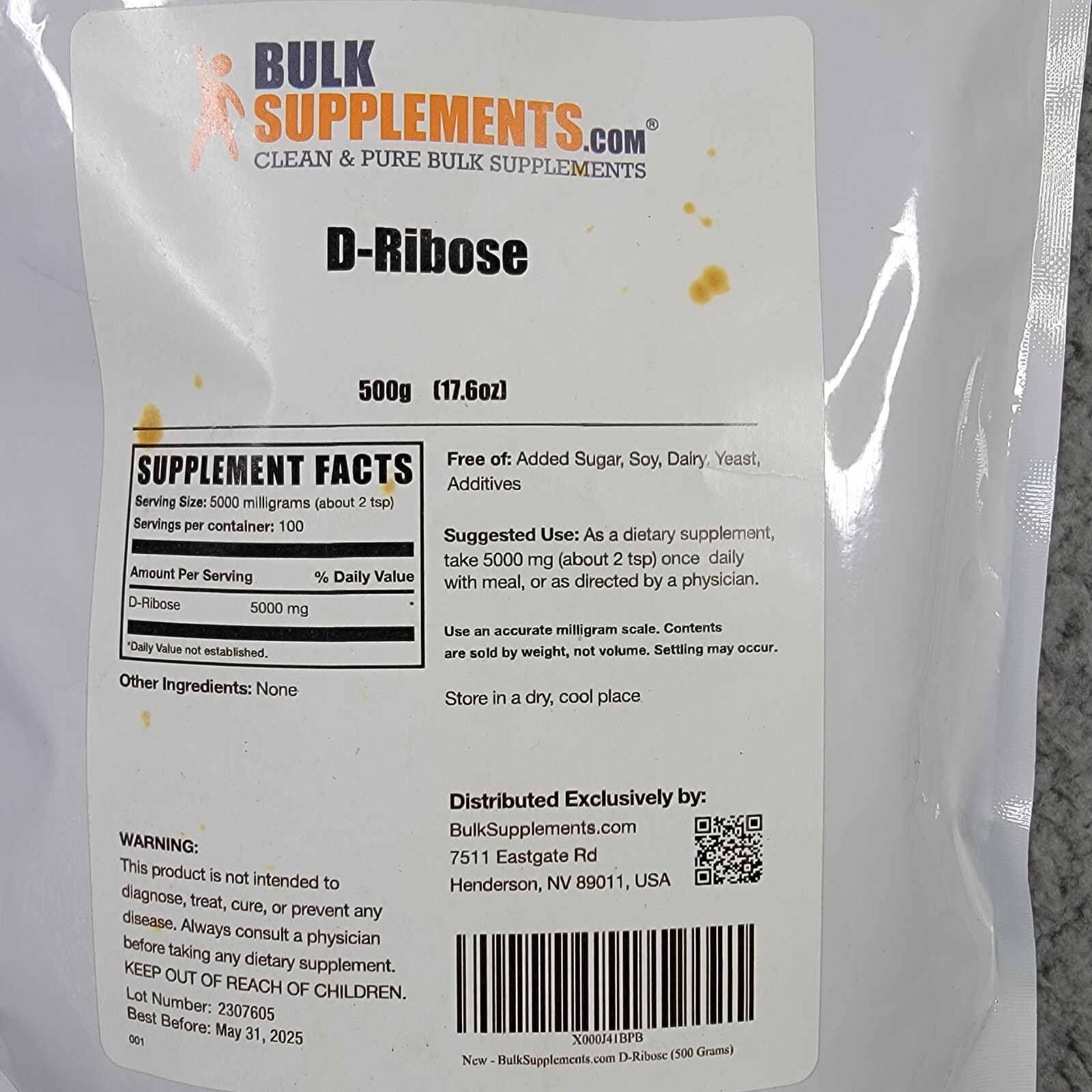 BulkSupplements D-Ribose Powder 17.6oz – 5000 mg Per Serving – 100 serving size