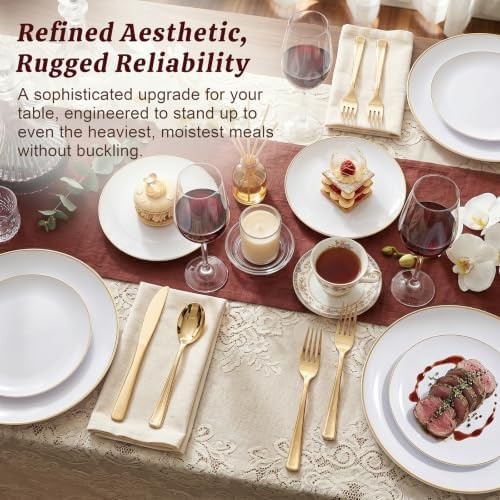 KIRE 100PCS White and Gold Plates – Plastic Disposable Plates – Includes 50Pi…