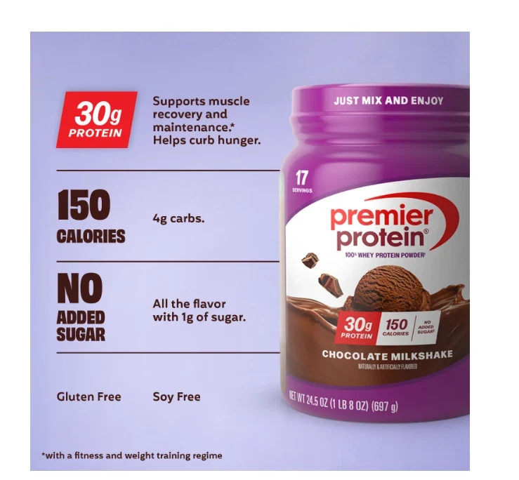 Premier Protein 100% Whey Protein Powder, Chocolate Milkshake, 30g Protein