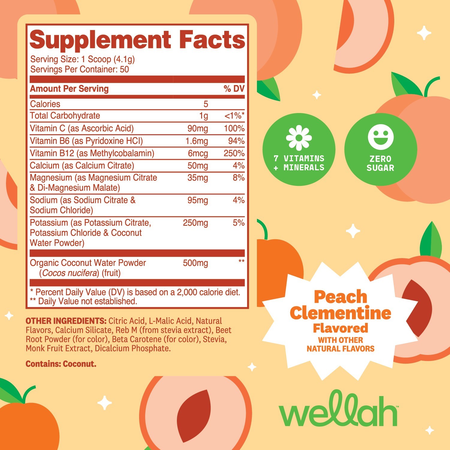 Wellah Electrolytes Powder (Peach Clementine) 50 Servings – Hydration Drink Mix