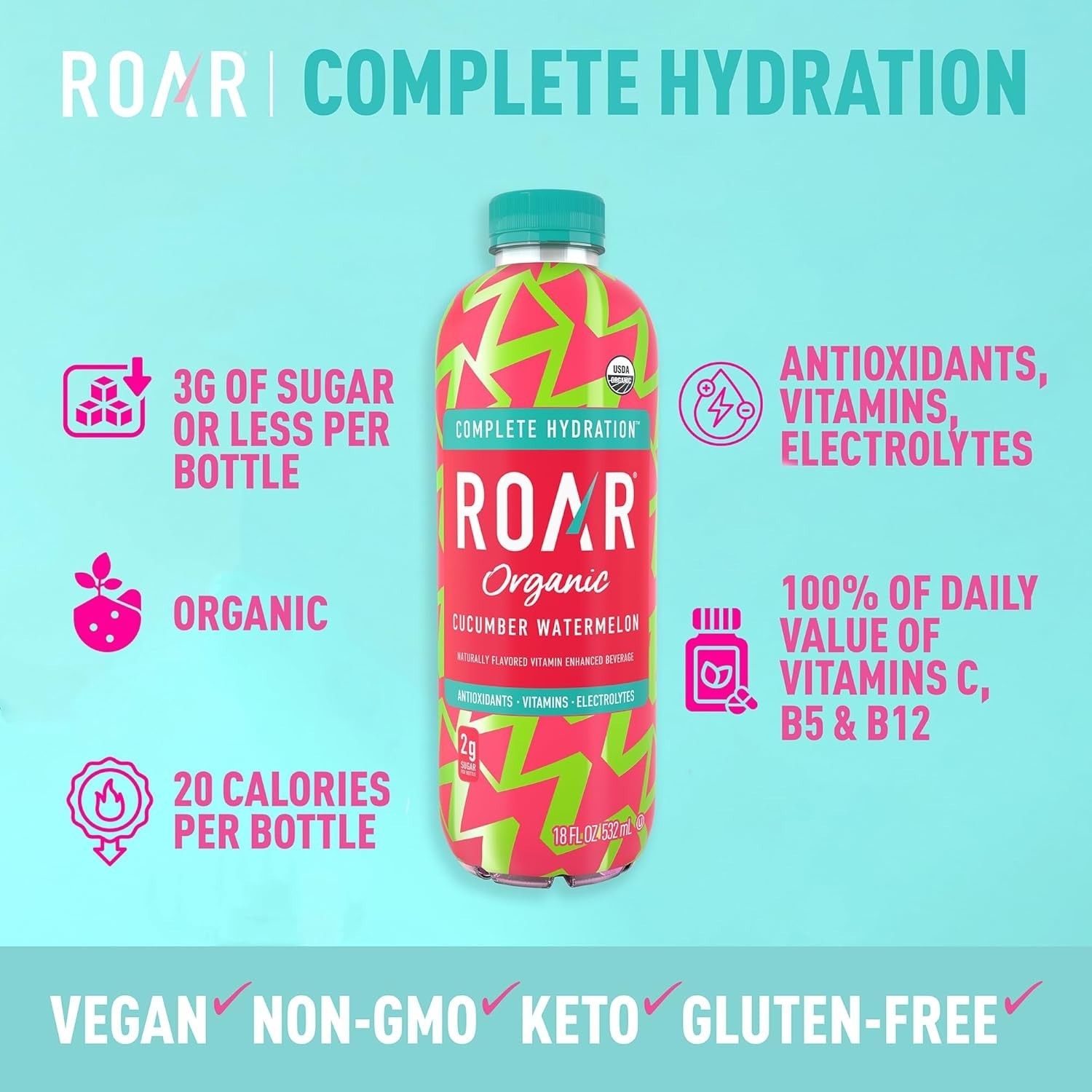 Refreshing Organic Electrolyte Drink – Cucumber Watermelon – 12 x 18 Oz Bottles