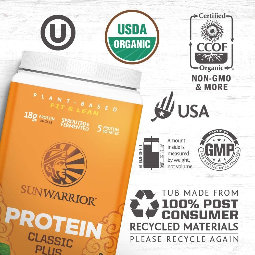 Sunwarrior Classic Plus Vegan Protein Powder Peas Brown Rice Raw Organic 1.7 lbs