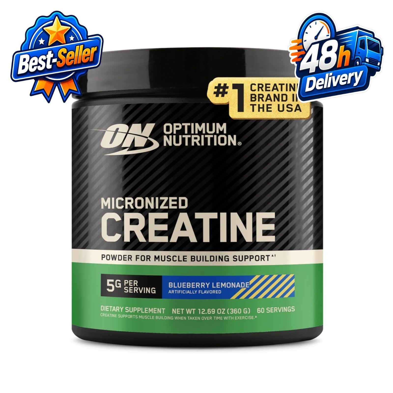Optimum Nutrition Creatine Monohydrate Powder 5g, Blueberry Lemonade, 60