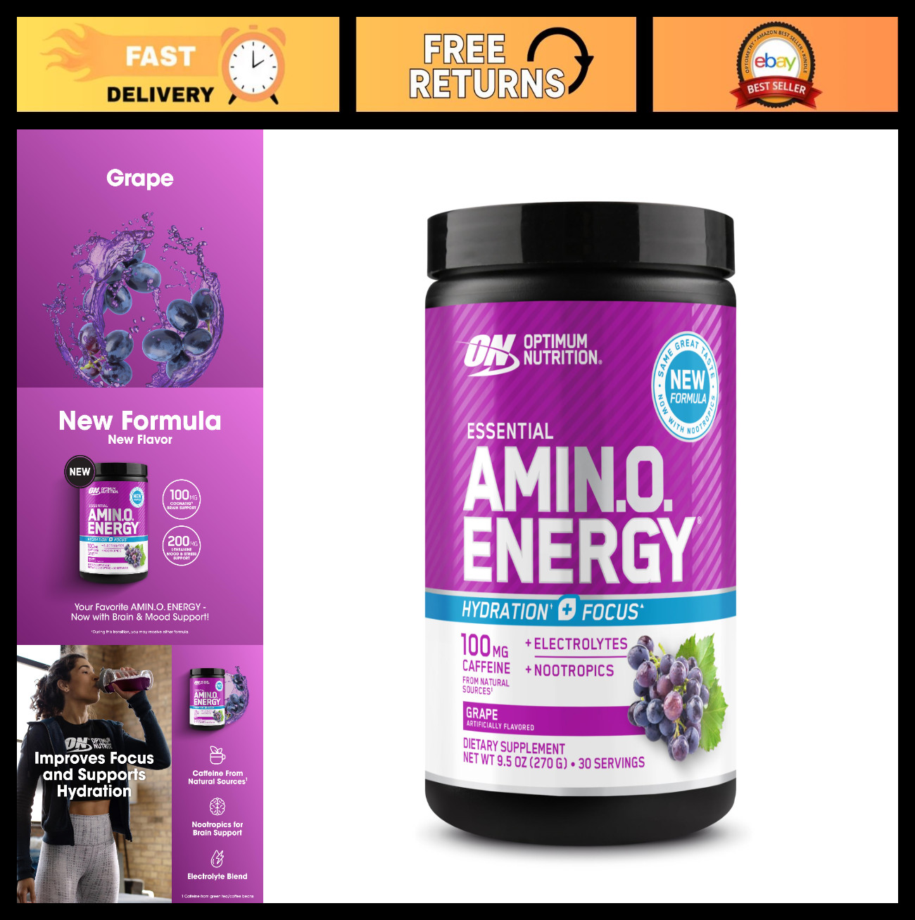 Amino Energy Powder with BCAAs, Electrolytes & Caffeine – Grape Flavor, 30 Servi