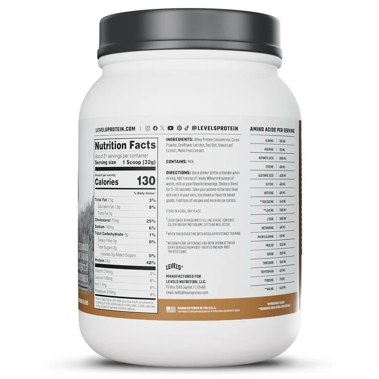 Levels Grass Fed Whey Protein Powder, Double Chocolate, 21 Serv