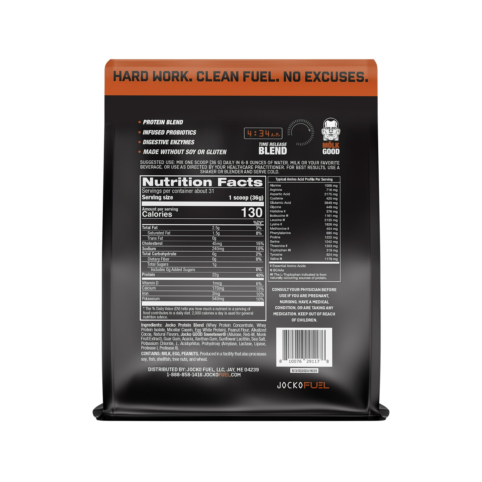 Jocko MOLK Protein Powder Chocolate Peanut Butter 22g Protein 2.3 lb