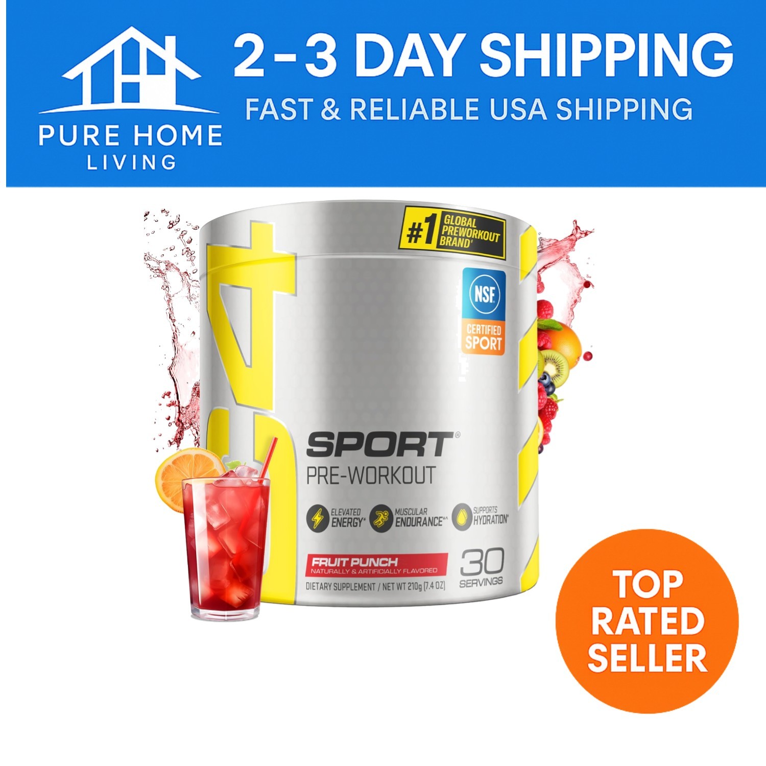 C4 Sport Fruit Punch Flavor Pre-Workout Supplement – NSF Certified, 30 Servings