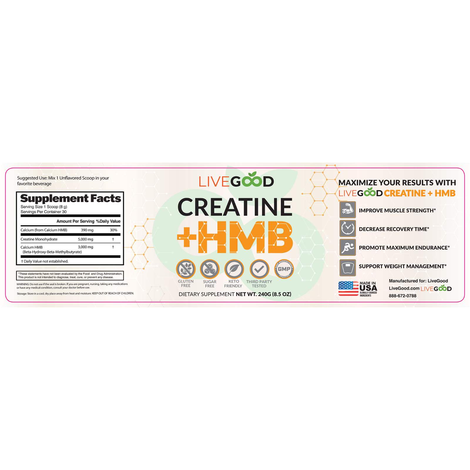 LiveGood Creatine Monohydrate + HMB 5000mg + 3000mg Pure Powder Made in USA