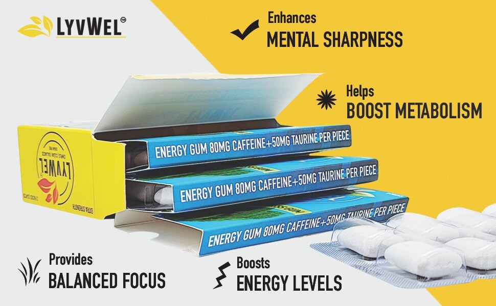 Spearmint Energy Chews Gum 80mg Caffeine Alertness Awake Focus 3 Packs Nootropic
