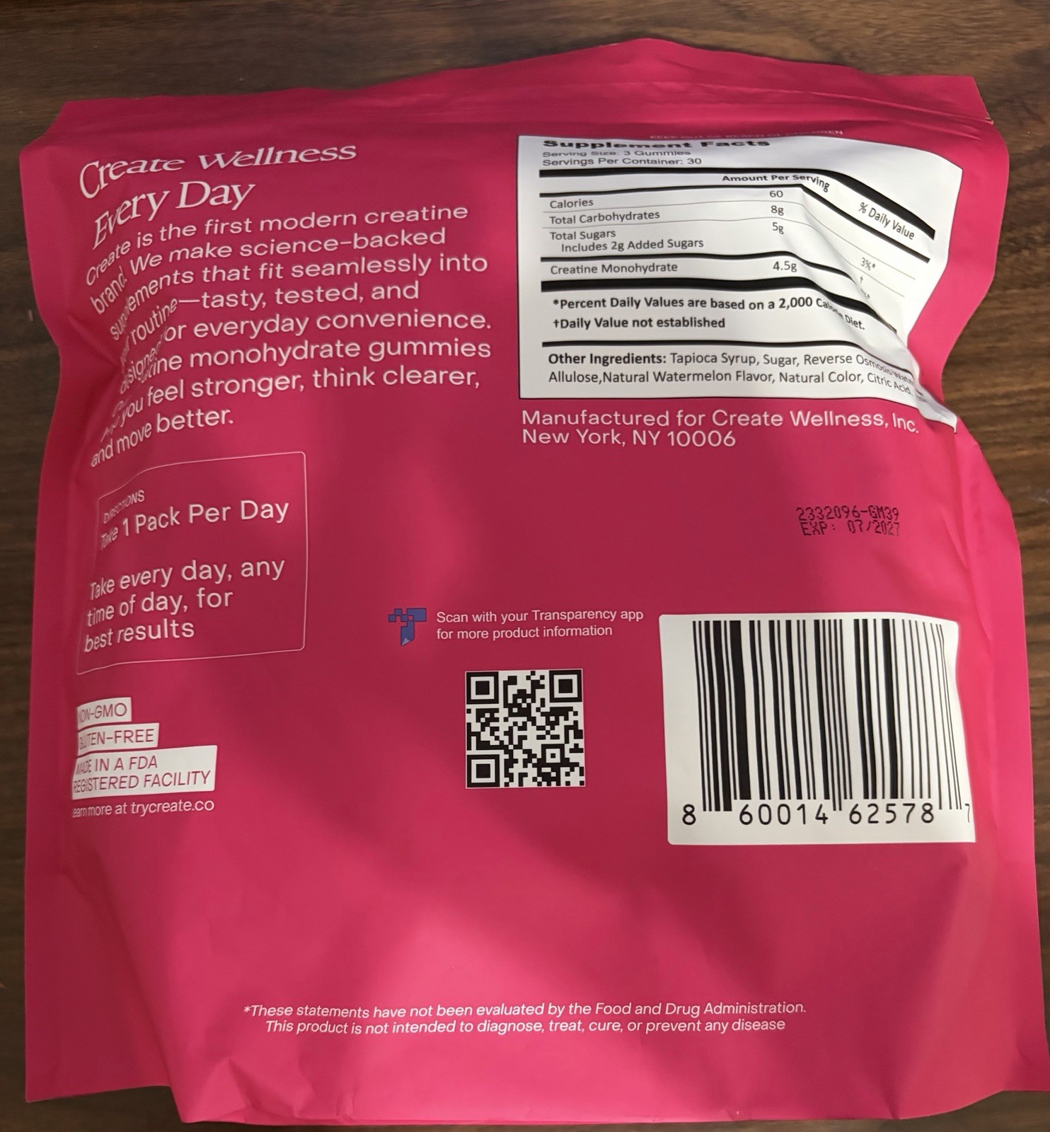 Create Creatine Gummies 1.5g Energy Muscle Boost Watermelon 30 Individual Pouchs