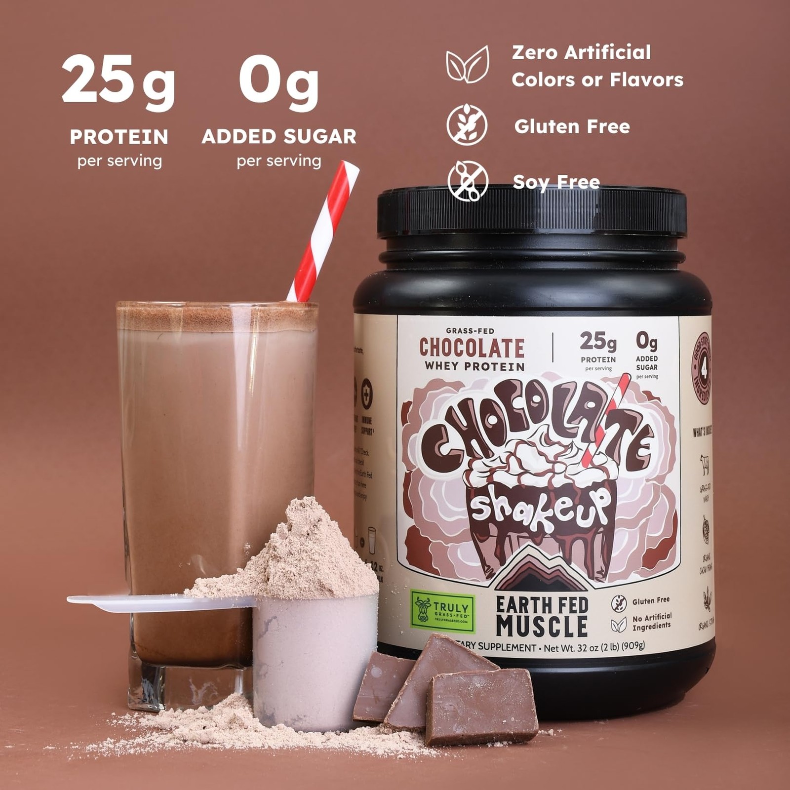 Earth Fed Muscle Chocolate Shakeup Truly Grass Whey 2 Pound (Pack of 1)