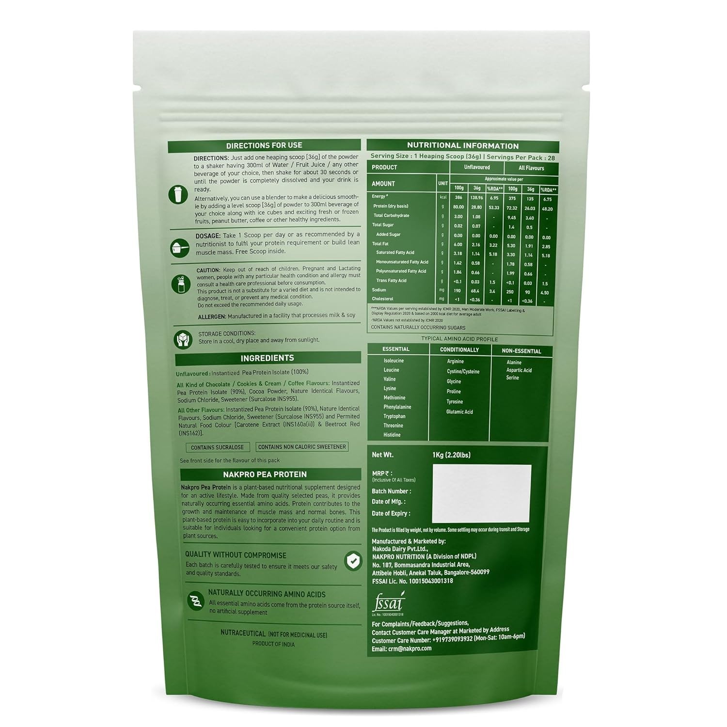 NAKPRO NUTRITION Pea Protein Isolate | 1 kg Unflavoured | 28g Protein |