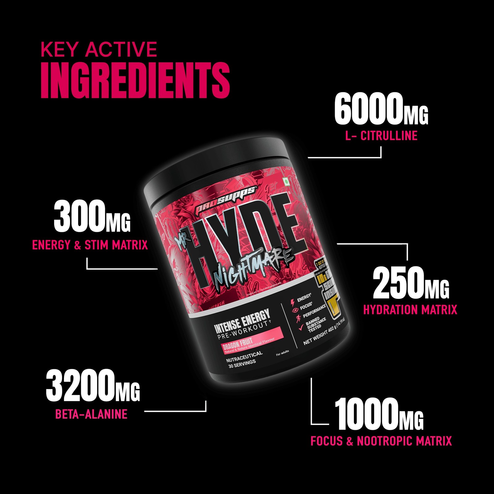 Mr Hyde Nightmare Pre Workout 396g Dragon Fruit | Energy & Focus Supplement