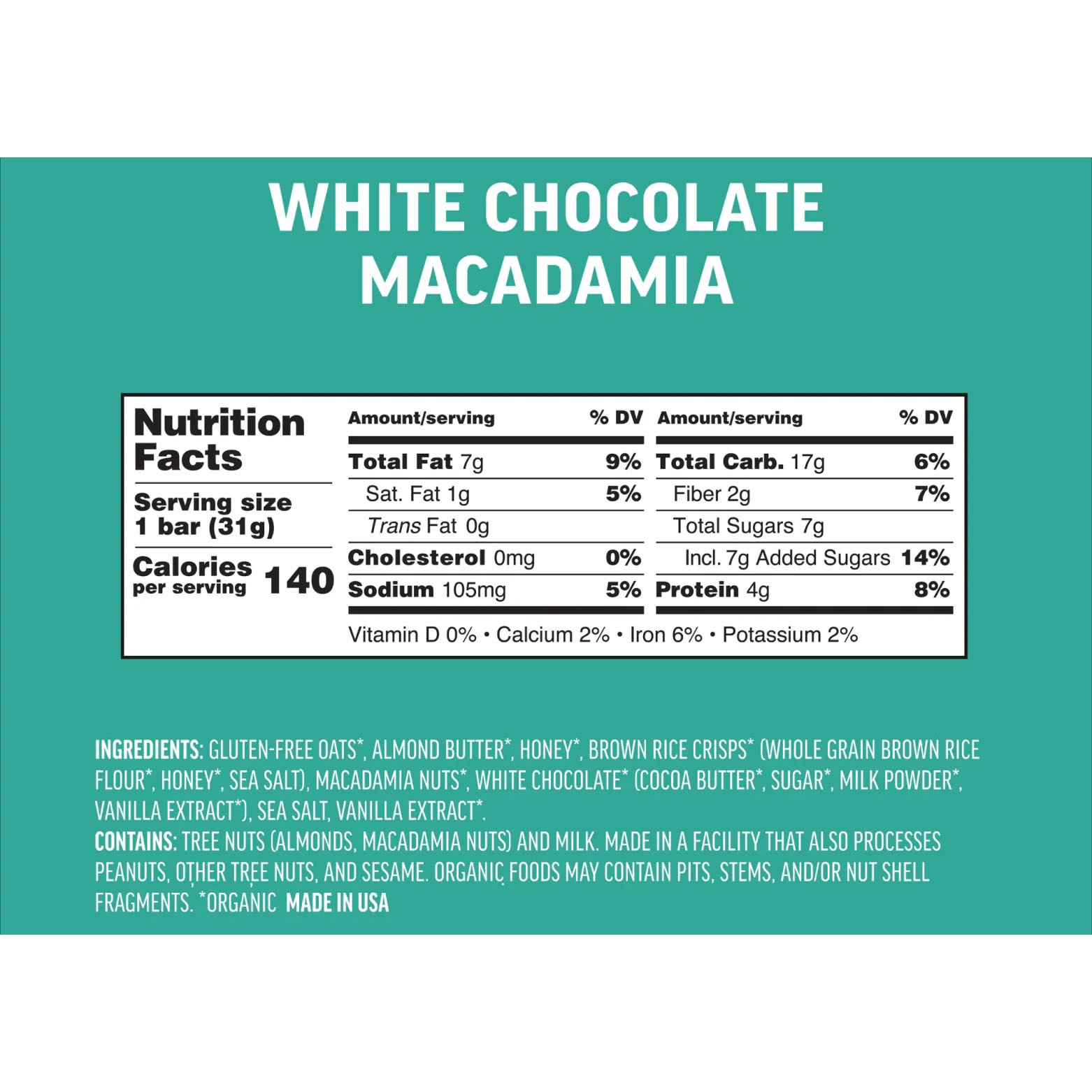 Kate’s Real Food Mini Bar 1.1oz, 24/Box – White Chocolate Macadamia